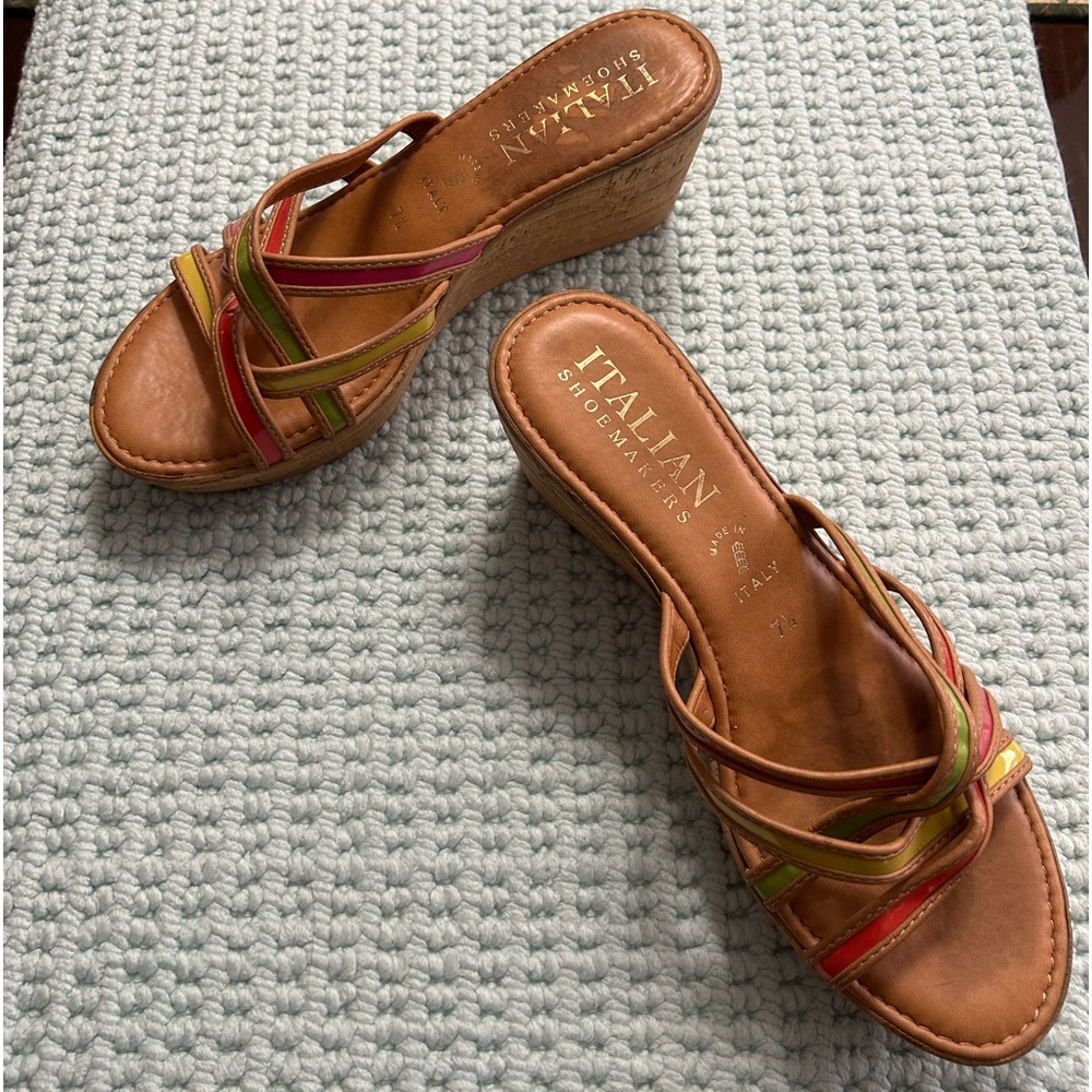 Italian shoemakers, wedge platform, sandals. Size 7. Pink green, orange & yellow